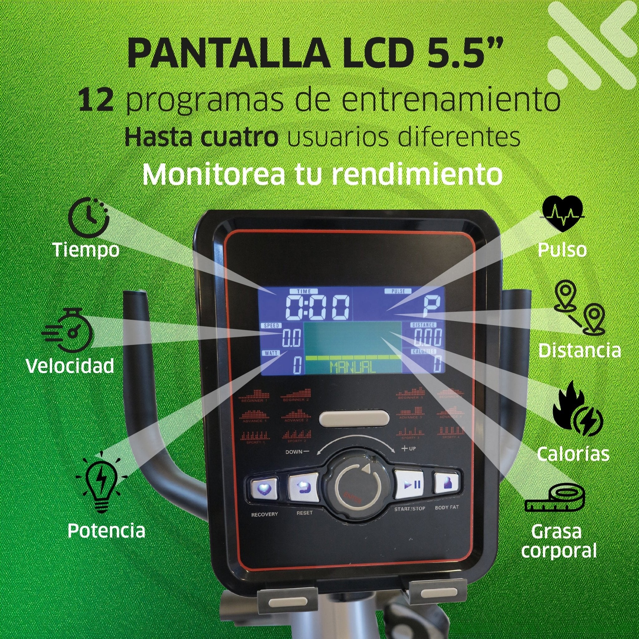 Bicicleta Fija Vertical Mod. BCBR411, 32 niveles de Resistencia Magnética Electrónica, Pantalla LCD y 12 Programas de Entrenamiento - Powerpath