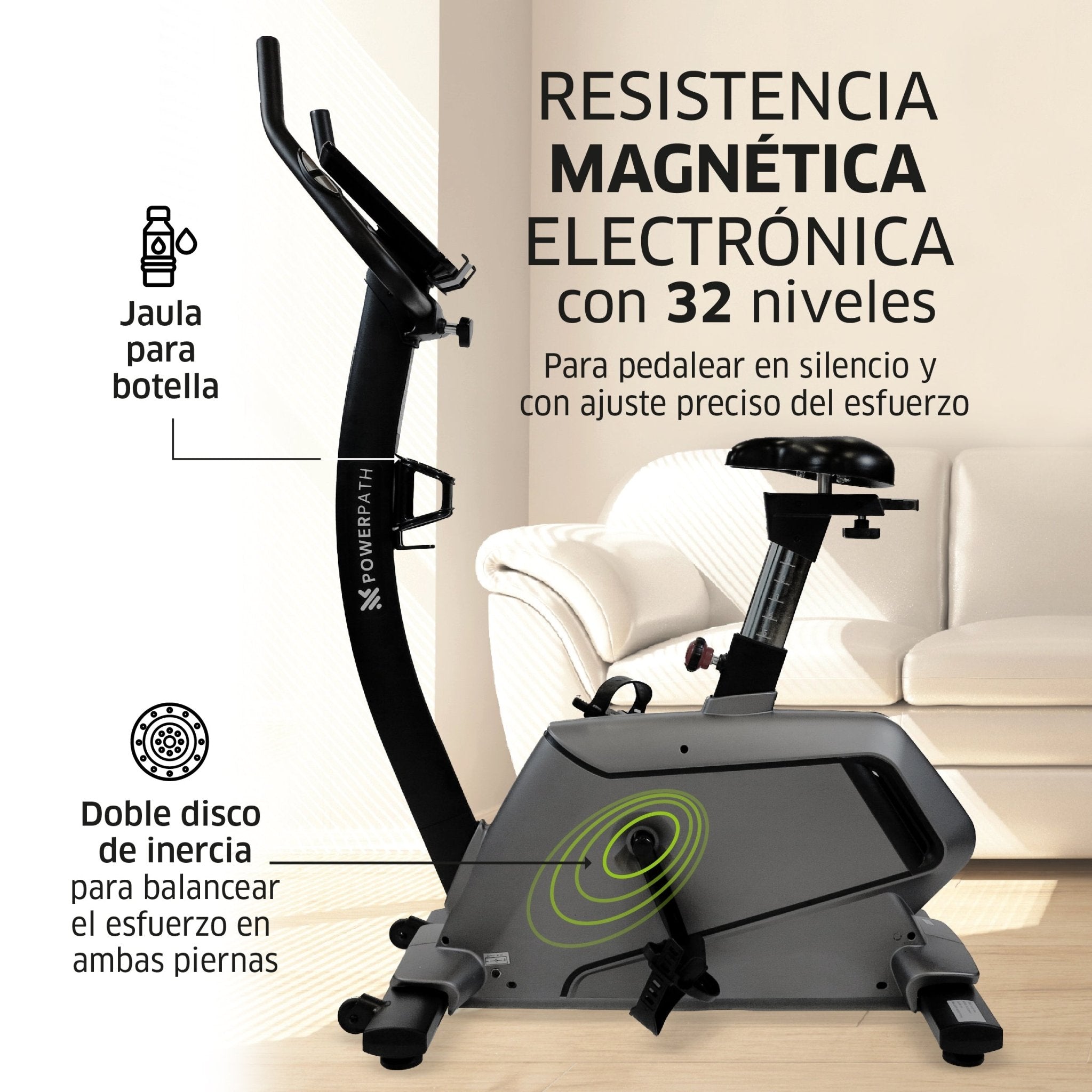 Bicicleta Fija Vertical Mod. BCBR411, 32 niveles de Resistencia Magnética Electrónica, Pantalla LCD y 12 Programas de Entrenamiento - Powerpath