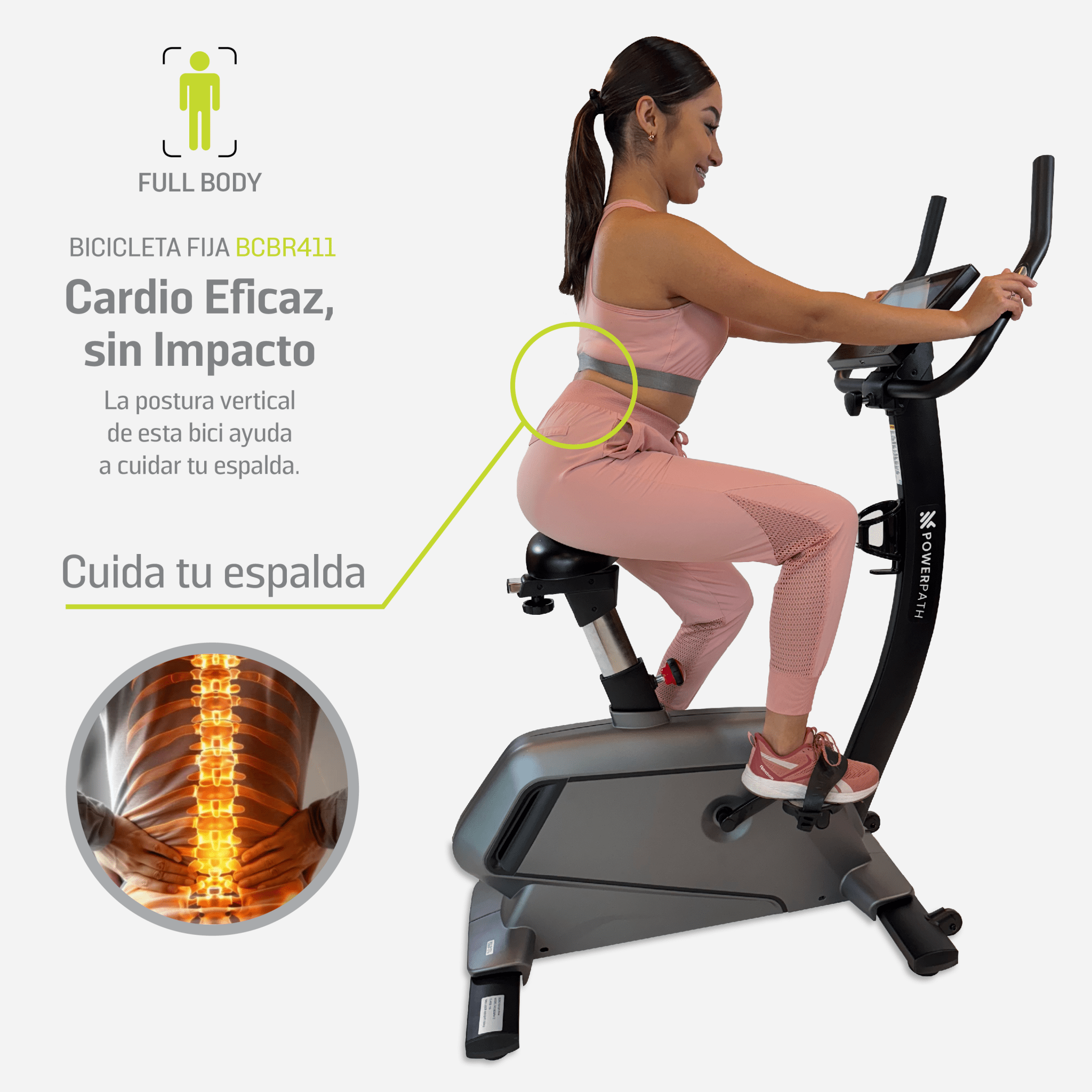 Bicicleta Fija Vertical Mod. BCBR411, 32 niveles de Resistencia Magnética Electrónica, Pantalla LCD y 12 Programas de Entrenamiento - Powerpath