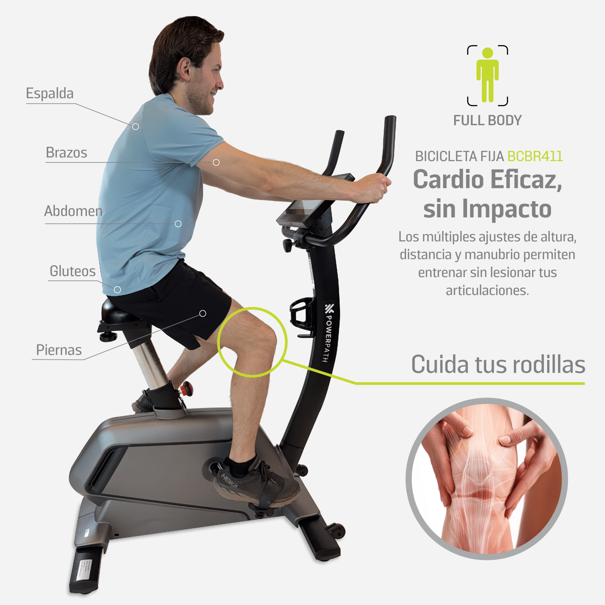 Bicicleta Fija Vertical Mod. BCBR412, 32 Niveles de Resistencia Magnética Electrónica, Pantalla Touch, APPs, WIFI y Bluetooth - Powerpath