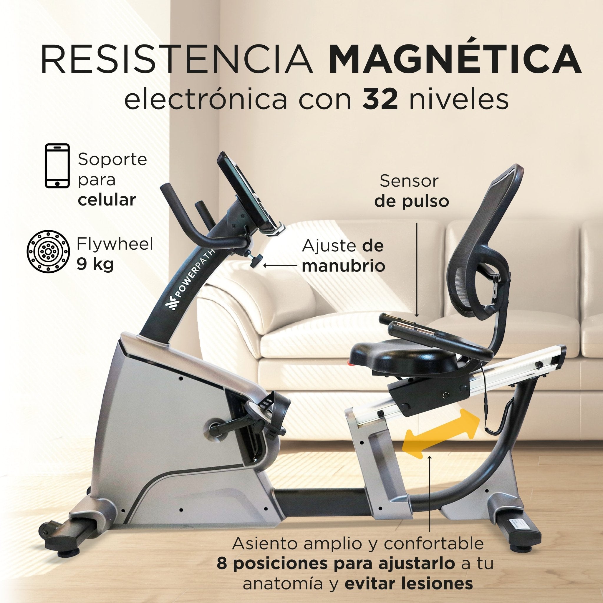 Bicicleta Recumbente Reclinada Mod. BCBR413, Pantalla LCD, 32 Niveles de Resistencia Magnética Electrónica - Powerpath
