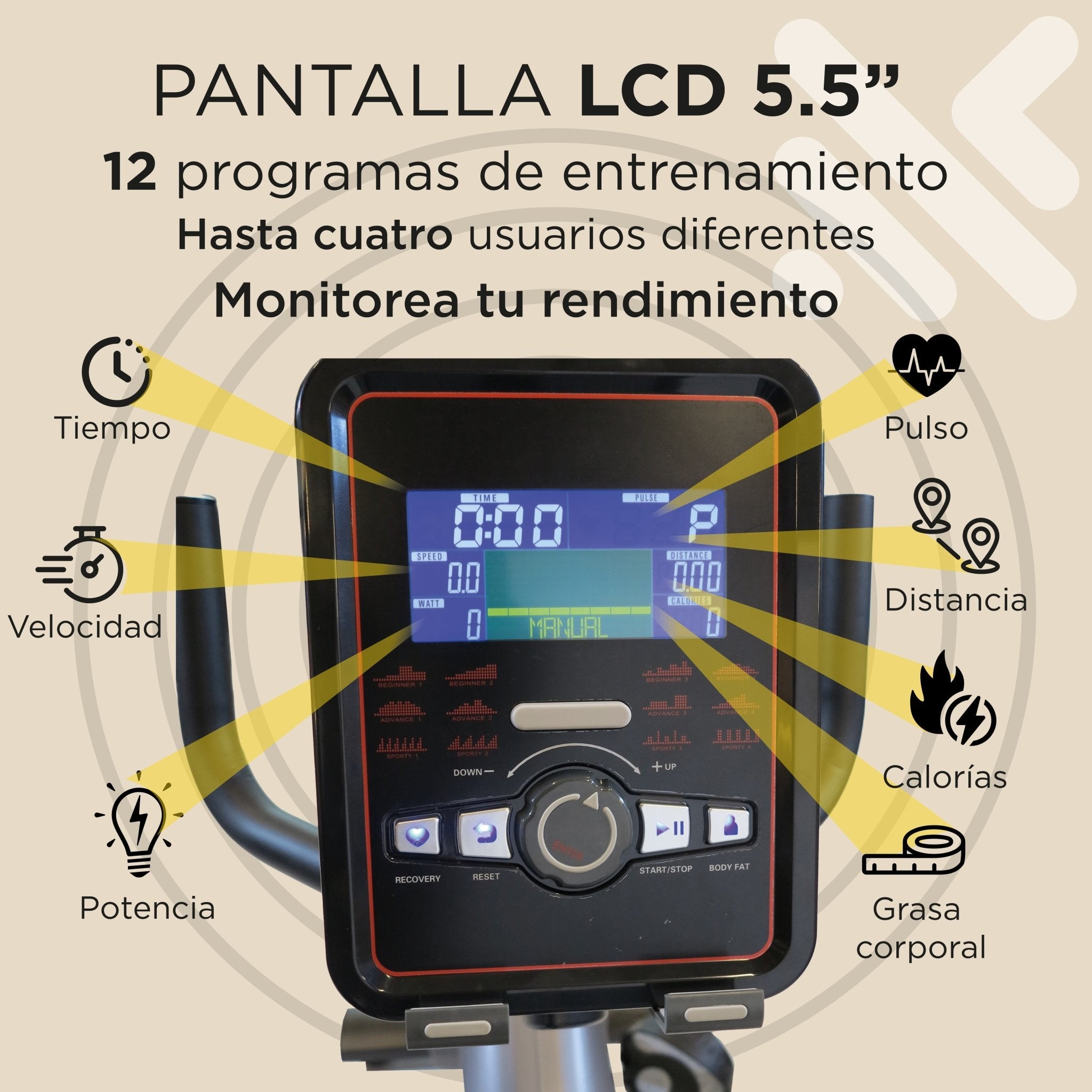 Bicicleta Recumbente Reclinada Mod. BCBR413, Pantalla LCD, 32 Niveles de Resistencia Magnética Electrónica - Powerpath