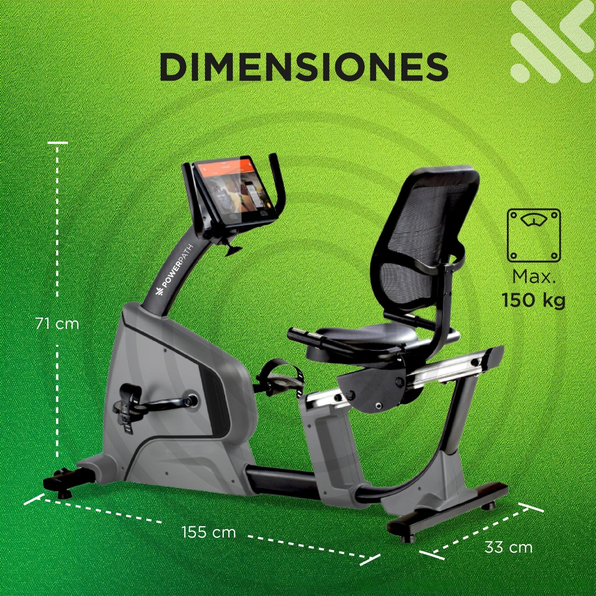 Bicicleta Recumbente Reclinada Mod. BCBR414 Pantalla Touch, 32 Niveles de Resistencia Magnética Electrónica, con WIFI, APPs y Bluetooth - Powerpath