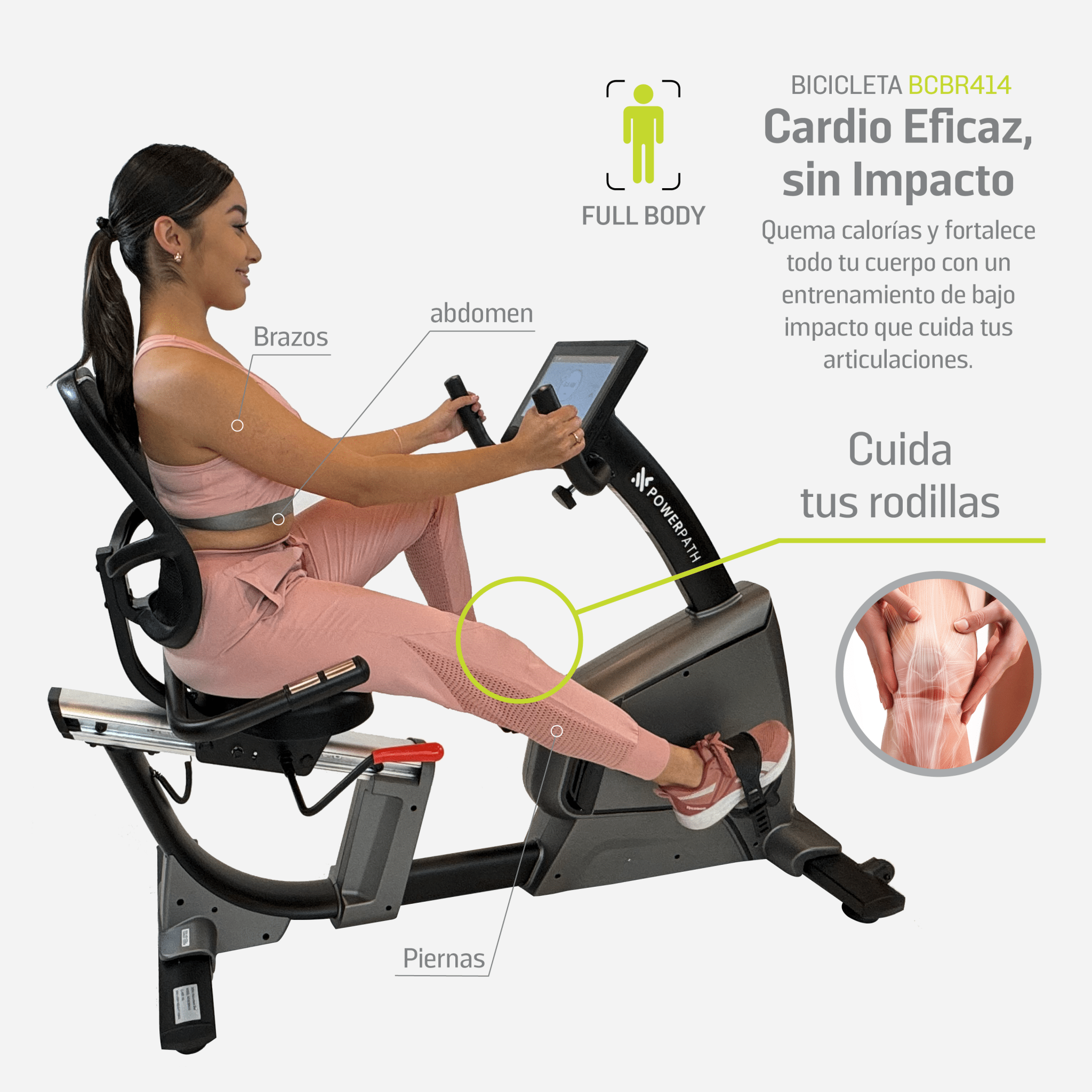 Bicicleta Recumbente Reclinada Mod. BCBR414 Pantalla Touch, 32 Niveles de Resistencia Magnética Electrónica, con WIFI, APPs y Bluetooth - Powerpath