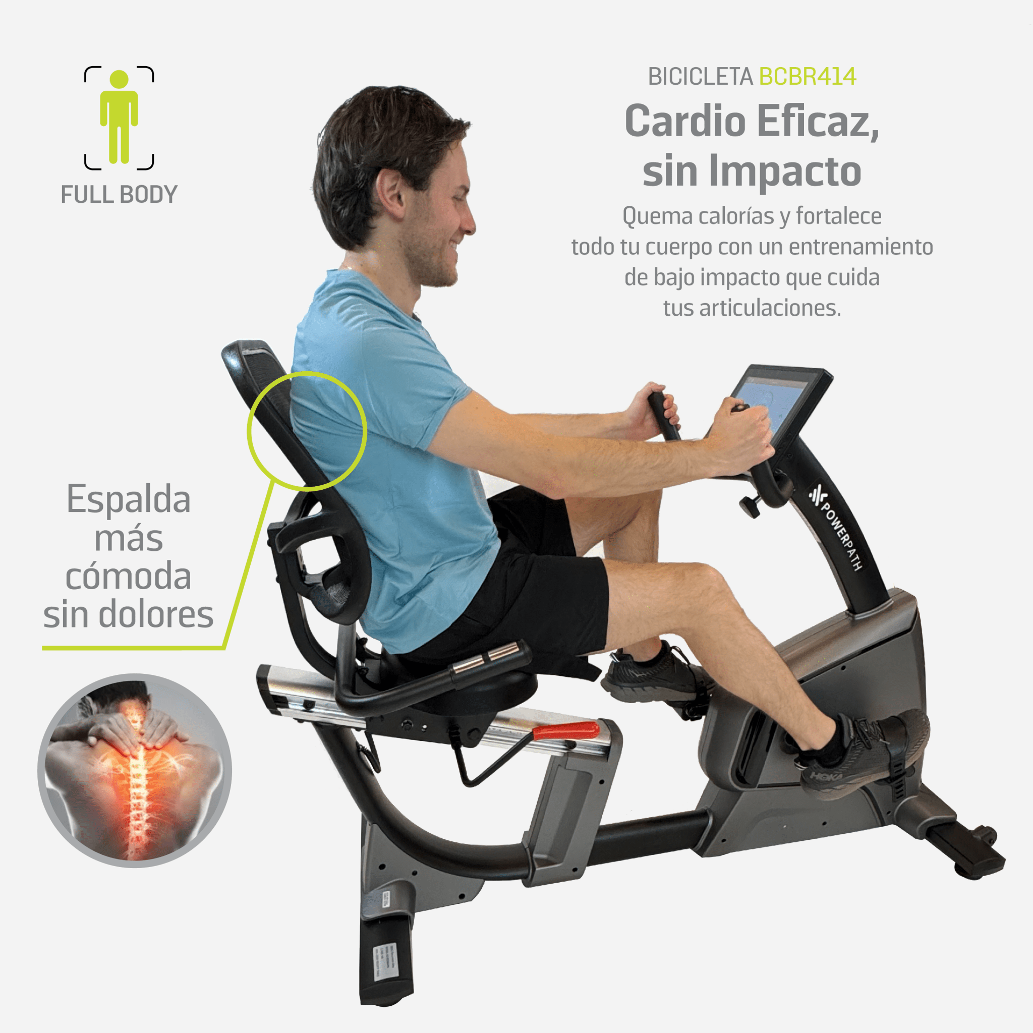 Bicicleta Recumbente Reclinada Mod. BCBR414 Pantalla Touch, 32 Niveles de Resistencia Magnética Electrónica, con WIFI, APPs y Bluetooth - Powerpath