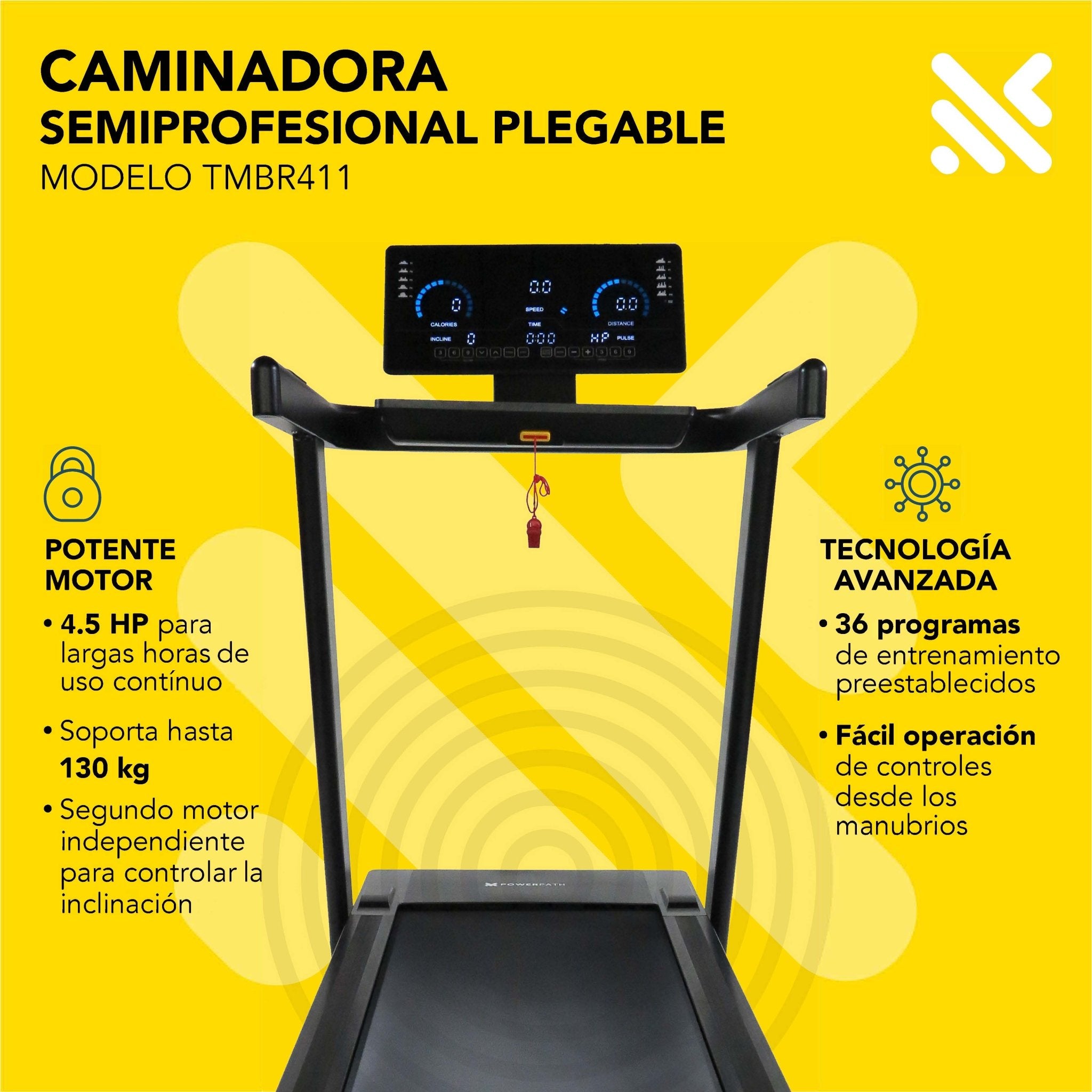 Caminadora Eléctrica Mod. TMBR411, 4.5 HP, 15 Niveles de Inclinación Motorizada, Amortiguamiento AbsorPath, Amplia Superficie para Correr, Plegable - Powerpath