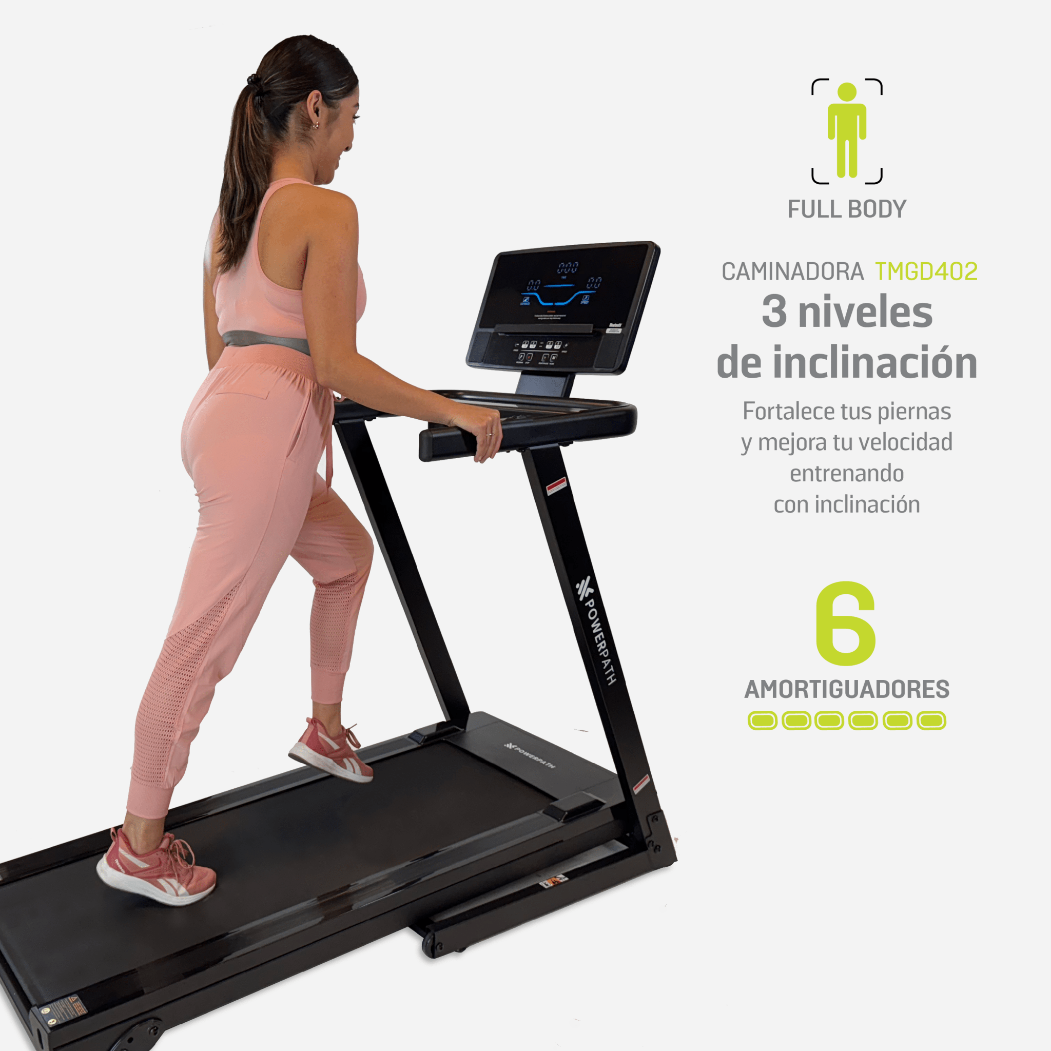 Caminadora Eléctrica TMGD402 Pantalla LED, Bluetooth, Velocidad de 1 - 16 km/h, 2.5 HP con 3 Niveles de Inclinación, Plegable - Powerpath