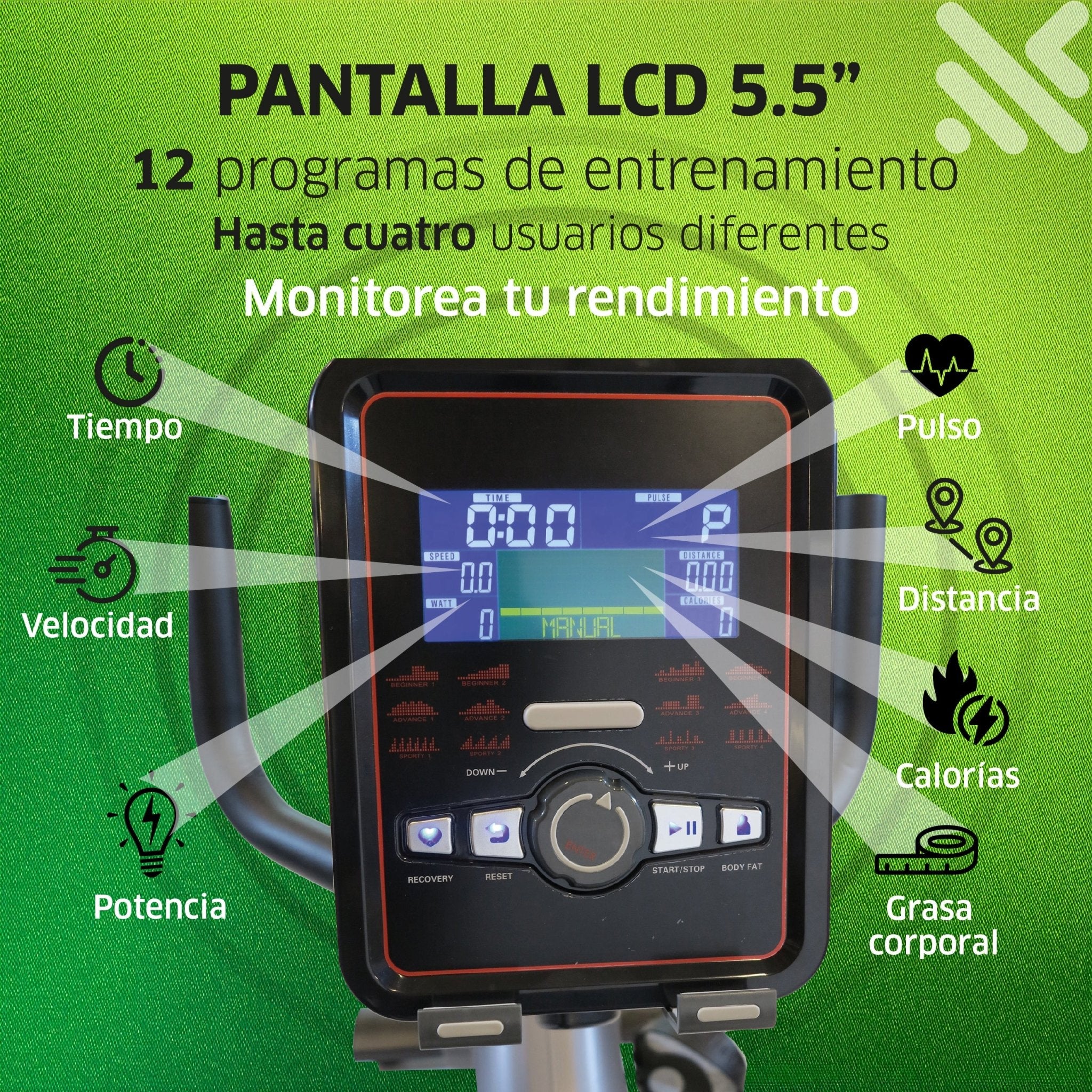 Elíptica Mod. ELBR411, 32 Niveles de Resistencia Magnética Electrónica, Pantalla LCD, 12 Programas, Soporta 150 Kg - Powerpath