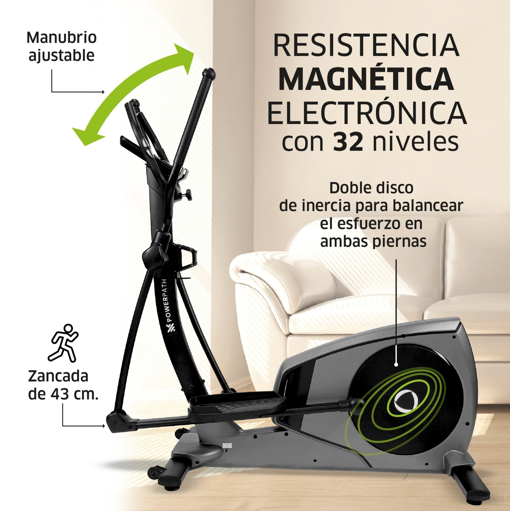 Elíptica Mod. ELBR411, 32 Niveles de Resistencia Magnética Electrónica, Pantalla LCD, 12 Programas, Soporta 150 Kg - Powerpath