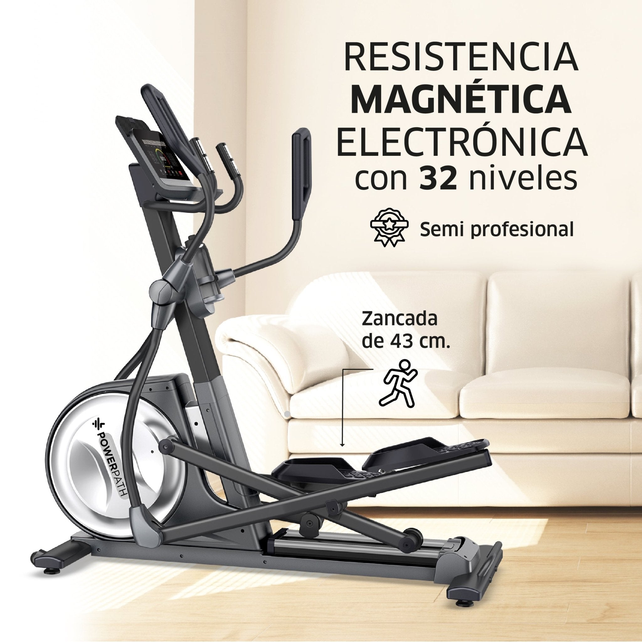 Elíptica Mod. ELBR413, Semi - profesional, Zancada 43 cm, 32 Niveles de Resistencia Magnética Electrónica, Pantalla LED de 22" - Powerpath