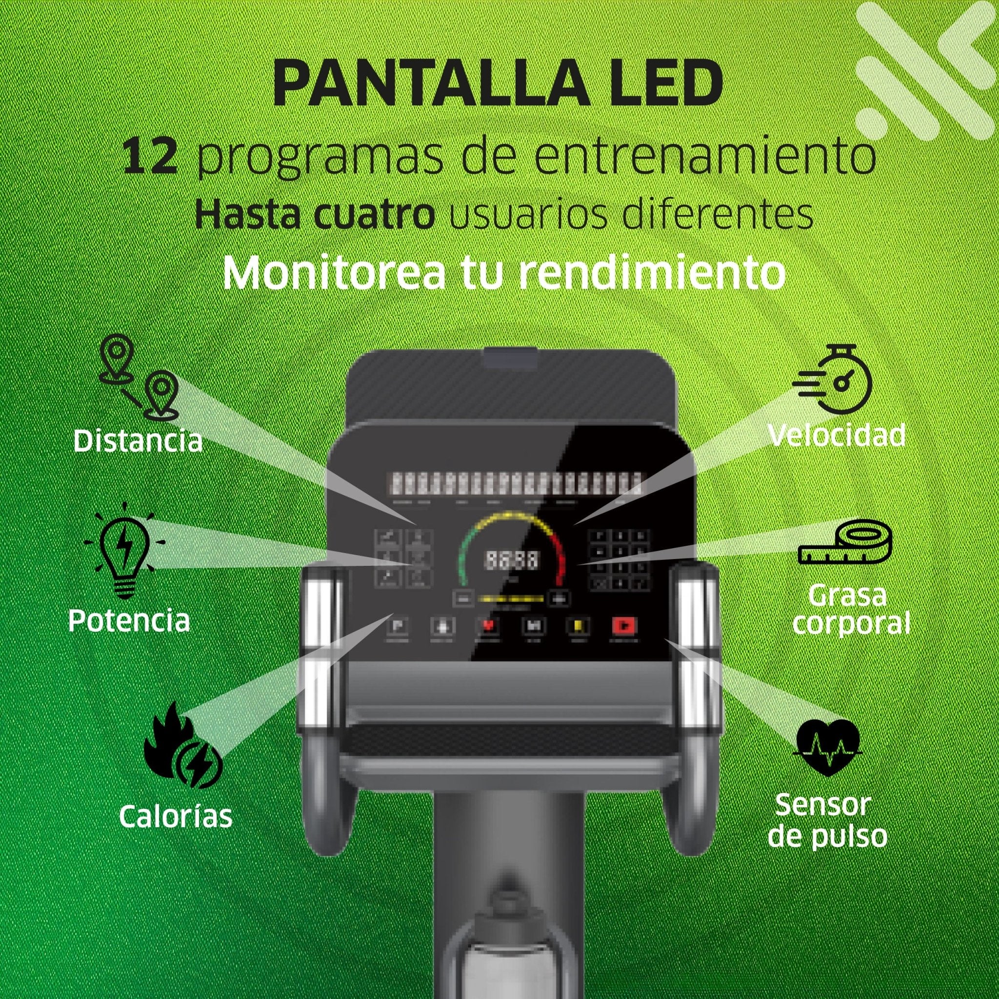 Elíptica Mod. ELBR413, Semi - profesional, Zancada 43 cm, 32 Niveles de Resistencia Magnética Electrónica, Pantalla LED de 22" - Powerpath