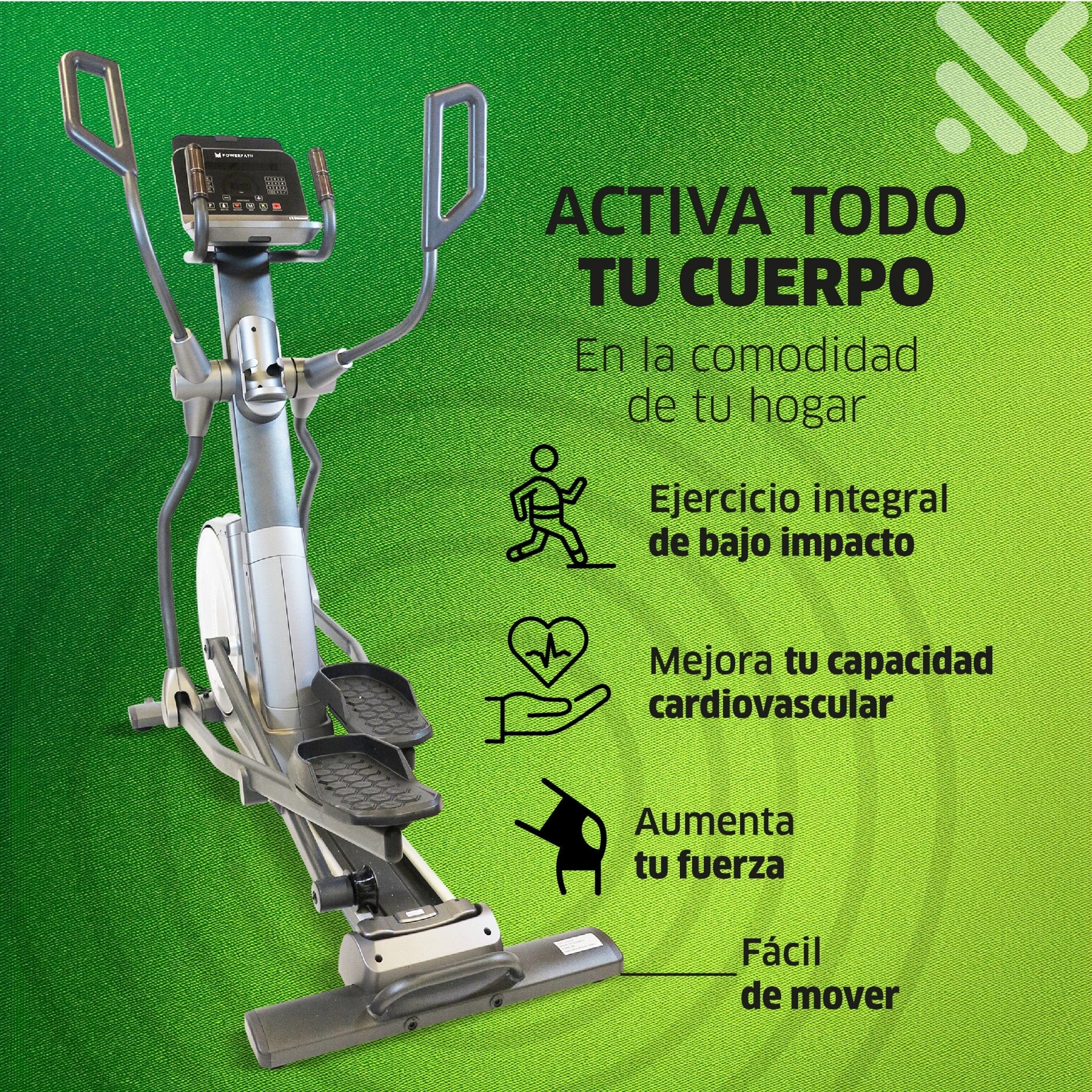 Elíptica Mod. ELBR413, Semi - profesional, Zancada 43 cm, 32 Niveles de Resistencia Magnética Electrónica, Pantalla LED de 22" - Powerpath