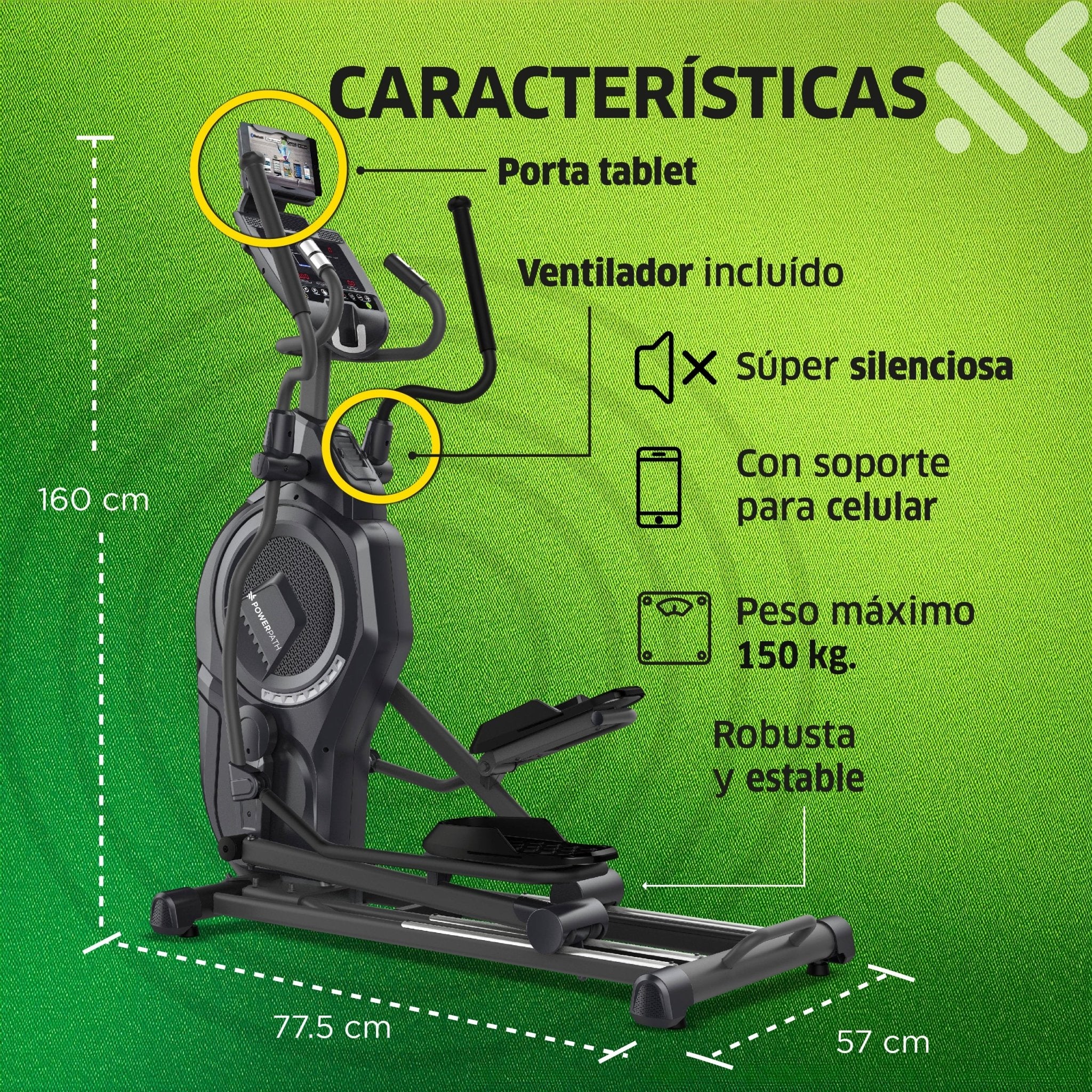 Elíptica Mod. ELSP421, Profesional, Amplia Zancada 52x24 cm, Sistema Dual de Resistencia Magnética y por Ventilador - Powerpath