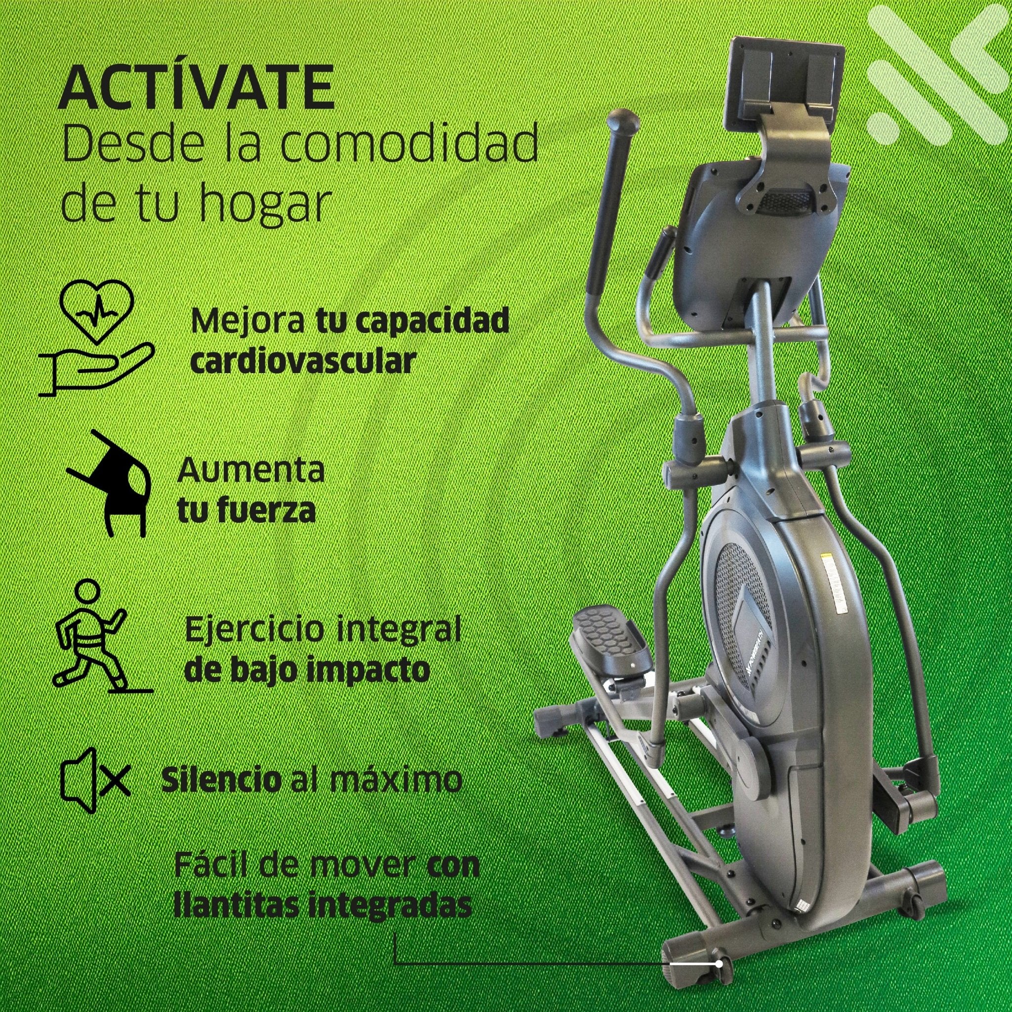 Elíptica Mod. ELSP421, Profesional, Amplia Zancada 52x24 cm, Sistema Dual de Resistencia Magnética y por Ventilador - Powerpath