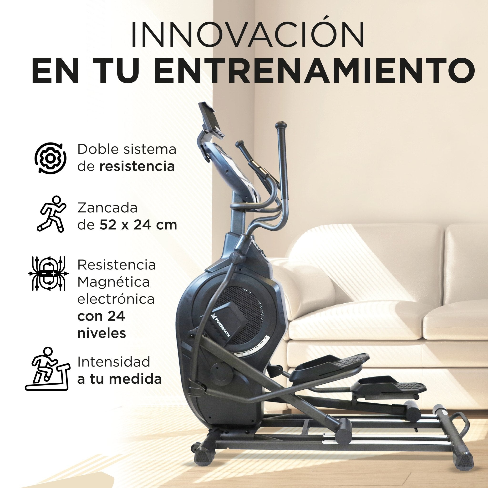 Elíptica Mod. ELSP421, Profesional, Amplia Zancada 52x24 cm, Sistema Dual de Resistencia Magnética y por Ventilador - Powerpath