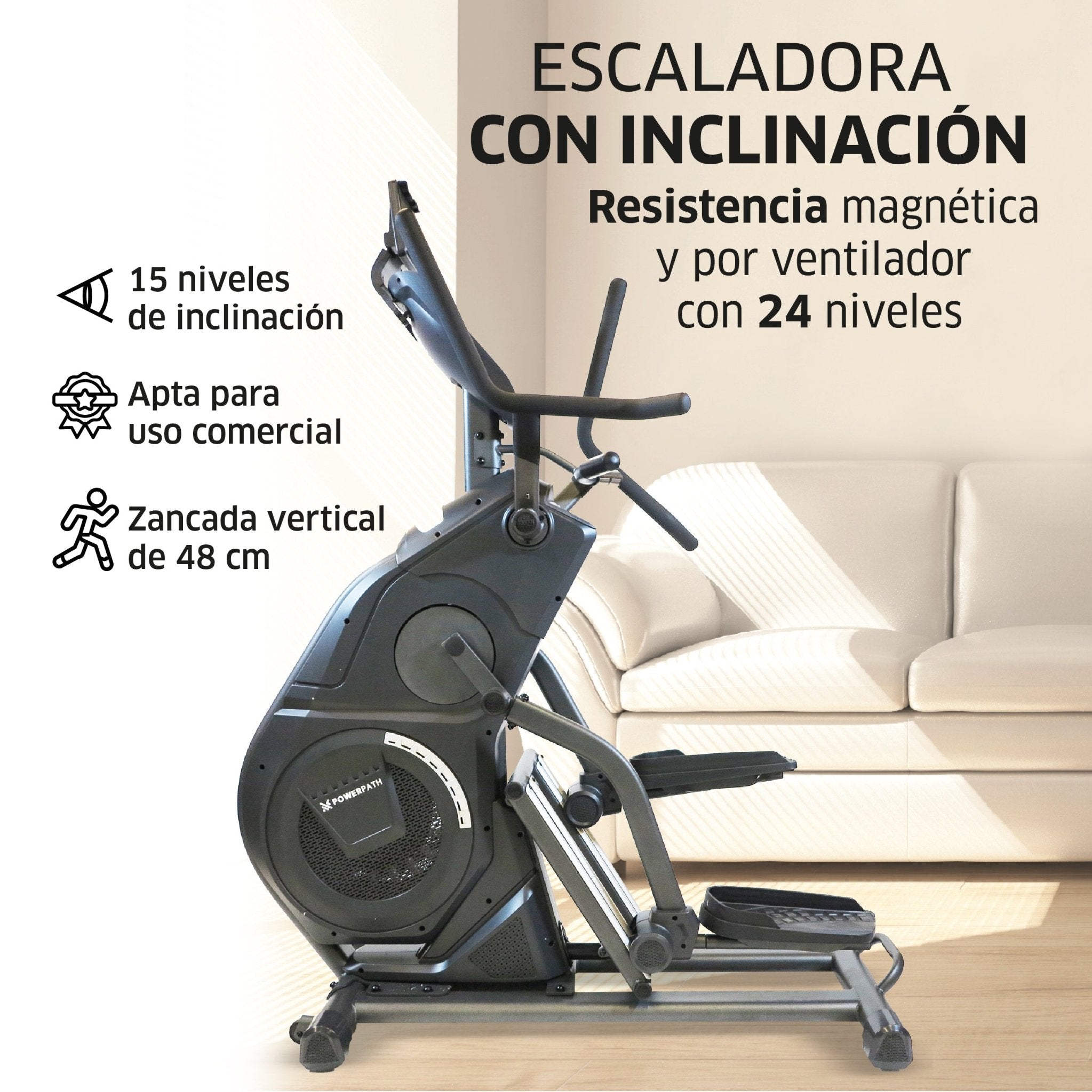 Escaladora Mod. ESSP422 - Profesional, 15 Grados Inclinación Motorizada, Sistema Dual de Resistencia Magnética y por Ventilador, Consola de 22", Zancada Vertical 27 cm - Powerpath