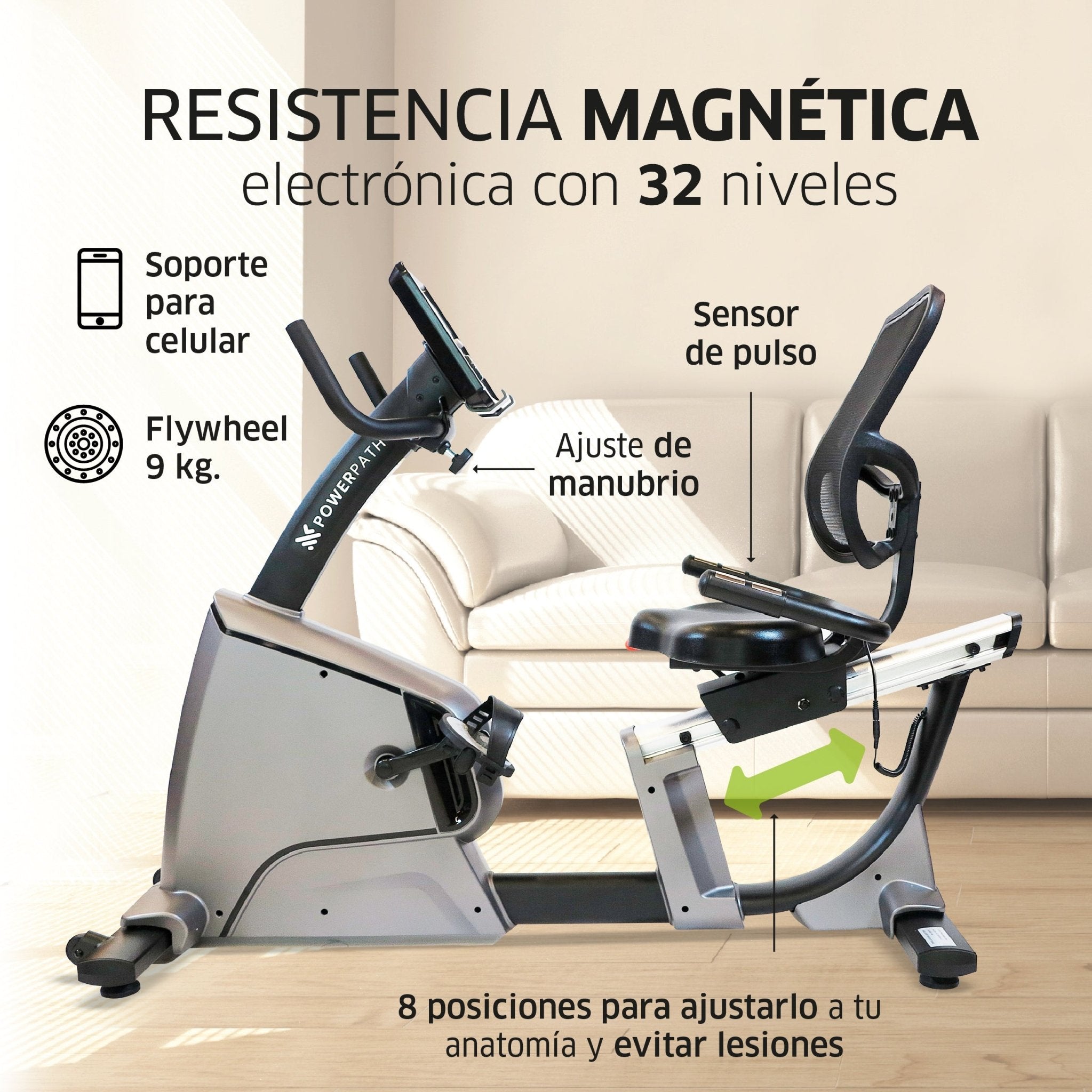 Bicicleta Recumbente Reclinada Mod. BCBR414 Pantalla Touch, 32 Niveles de Resistencia Magnética Electrónica, con WIFI, APPs y Bluetooth - Powerpath
