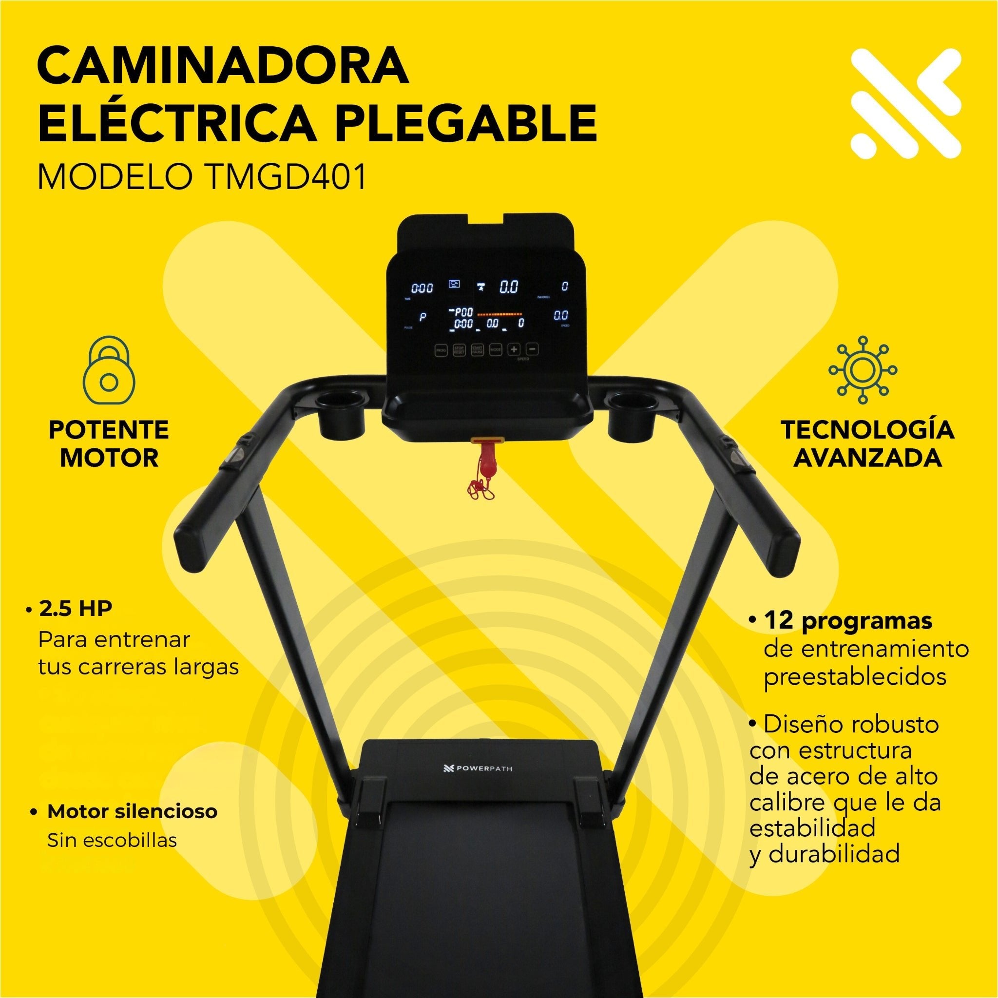 Caminadora Eléctrica Mod. TMGD401, 2.5 HP, 3 Niveles de Inclinación Manual, Pantalla LCD de 5 Ventanas, Amortiguamiento AbsorPath, Plegable - Powerpath
