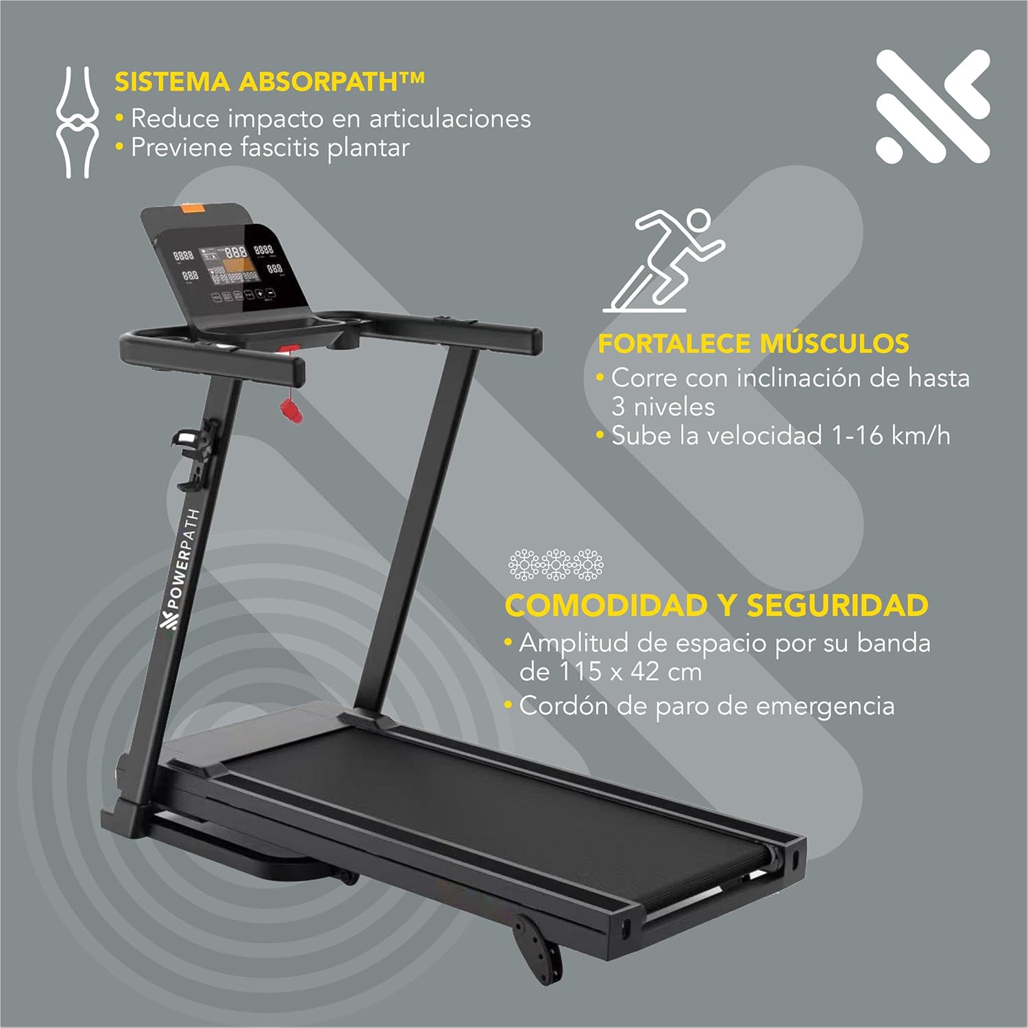 Caminadora Eléctrica Mod. TMGD401, 2.5 HP, 3 Niveles de Inclinación Manual, Pantalla LCD de 5 Ventanas, Amortiguamiento AbsorPath, Plegable - Powerpath