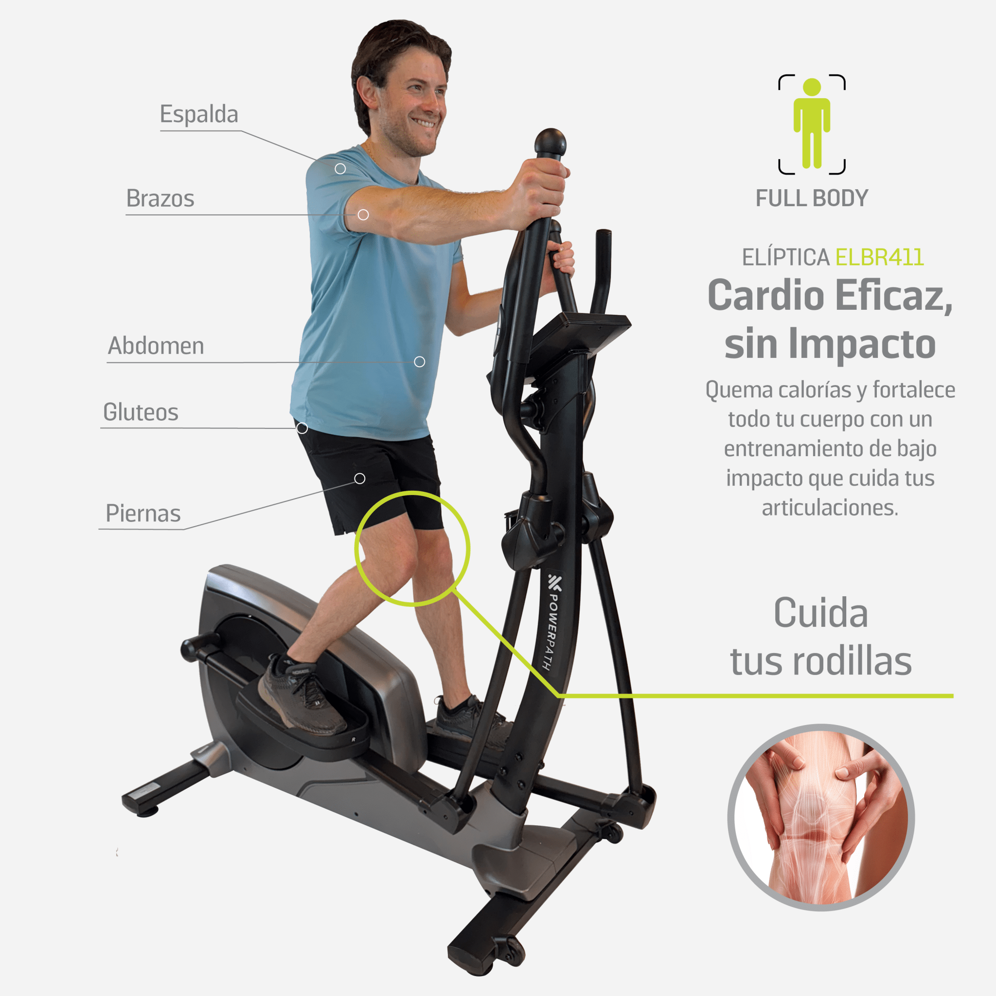 Elíptica Mod. ELBR411, 32 Niveles de Resistencia Magnética Electrónica, Pantalla LCD, 12 Programas, Soporta 150 Kg - Powerpath