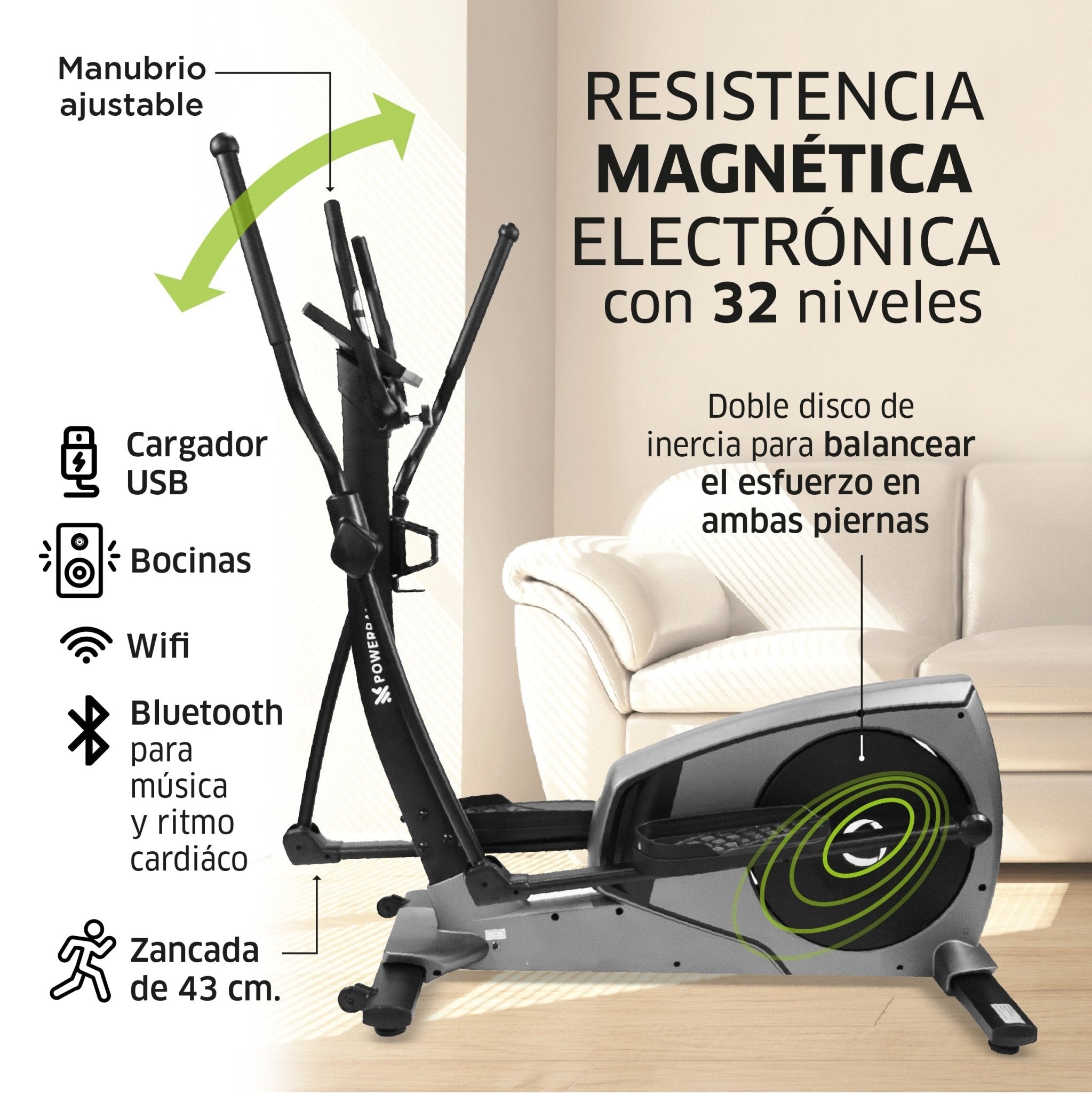 Elíptica Mod. ELBR412, Pantalla Touch, 32 Niveles de Resistencia Magnética Electrónica, con WIFI, APPs y Bluetooth - Powerpath